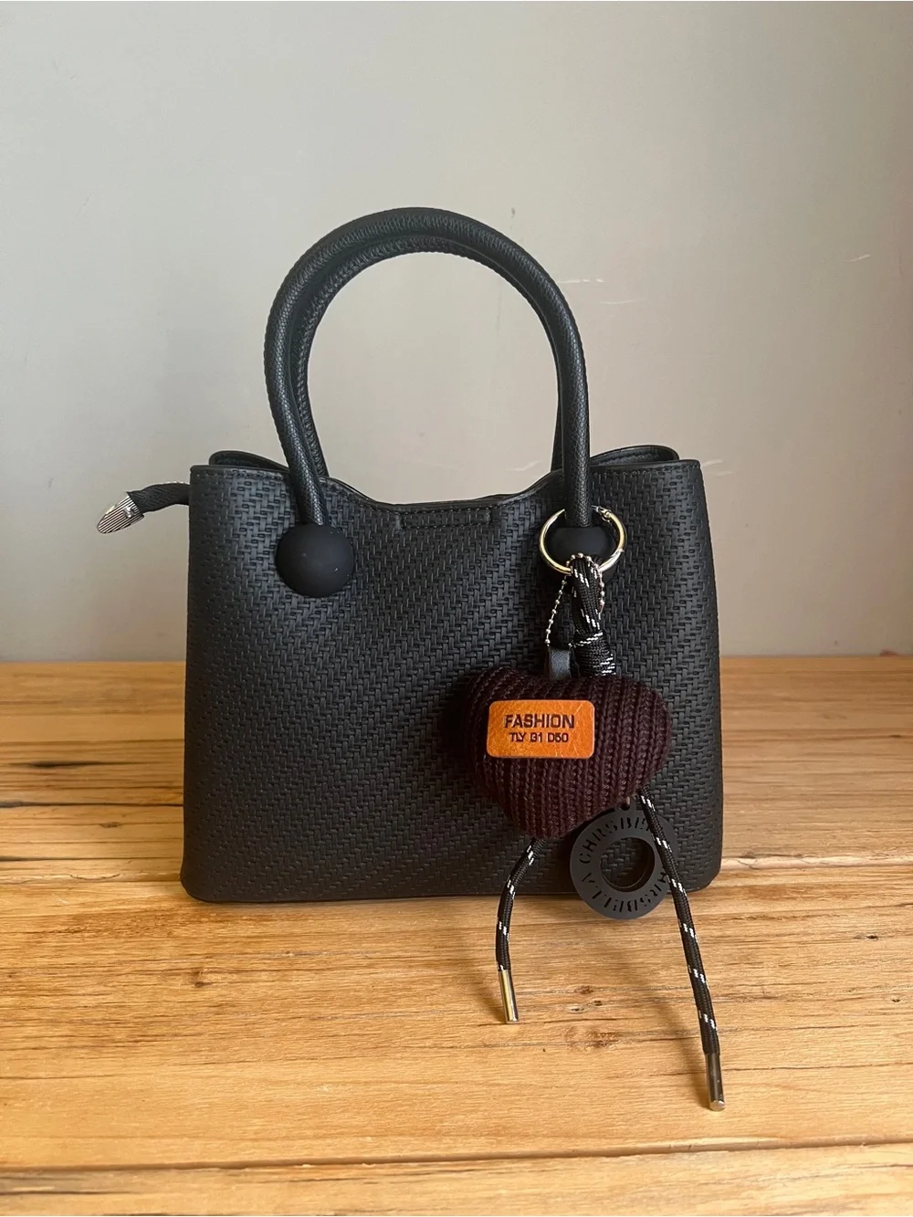NWT Black Woven Satchel Handbag with Matching Charm & Shoulder Strap by Sumzen